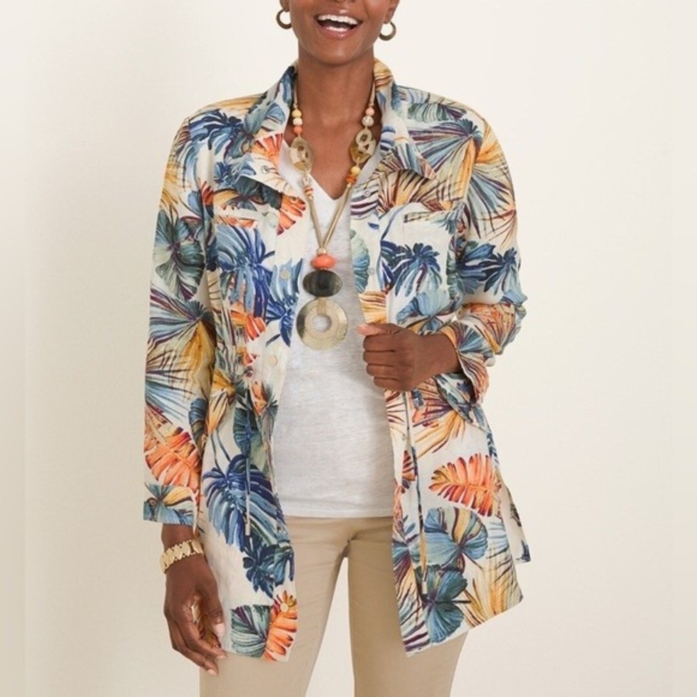 Chico's Tropical Linen Utility Jacket Womens 00P/XS Multi Color Palm Print Snap